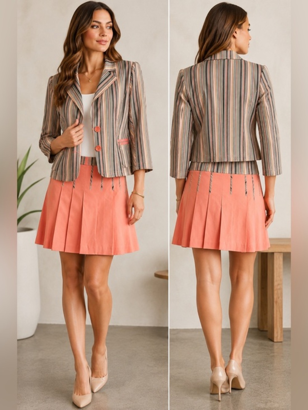 Phoebe 2 Piece Skirt Suit Set Striped Blazer Pleated Skirt Size 12 Retro Mod